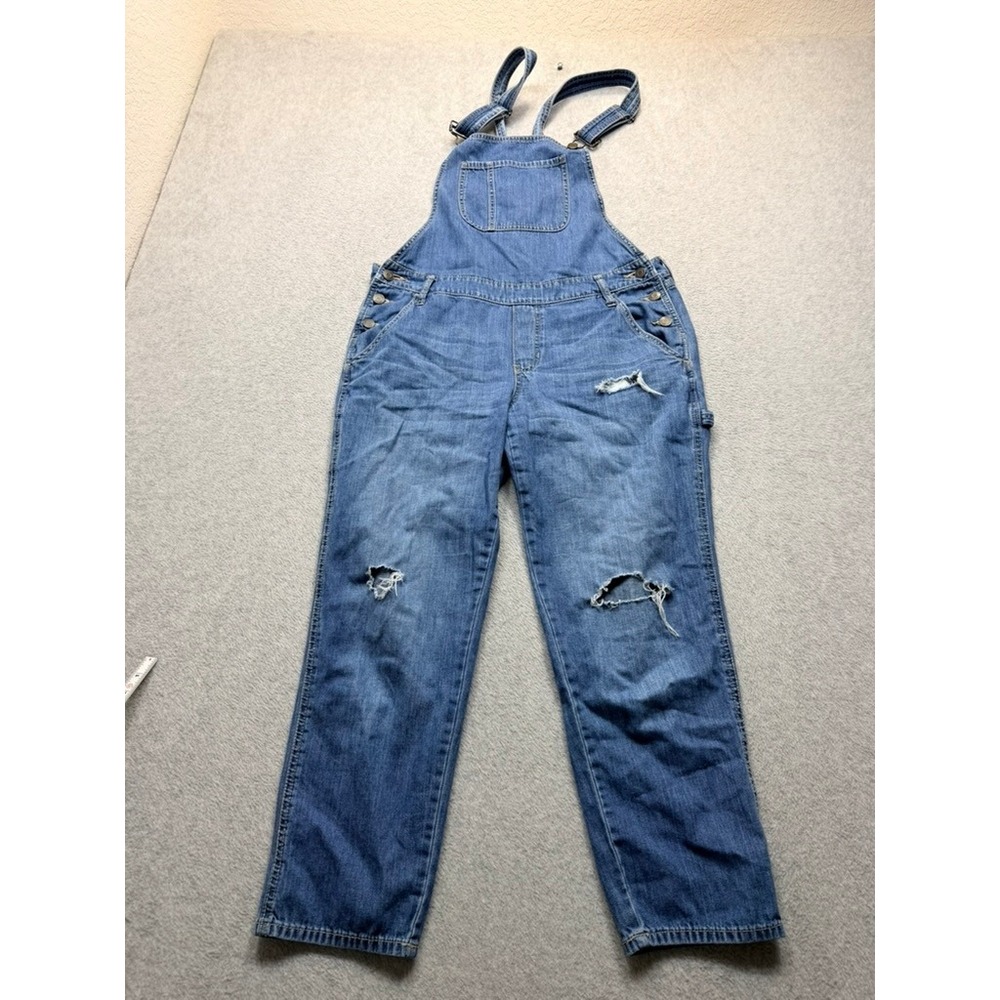 Old Navy Womens Distressed Denim Overalls Medium Wash Ripped Straight Leg Size L